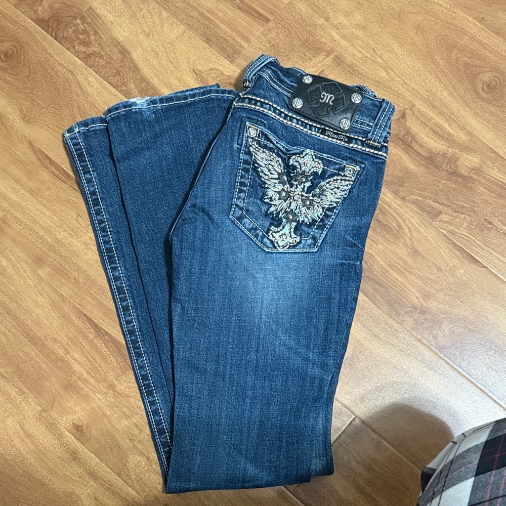 Miss Me Dark Blue Boot Cut Jeans with Embroidery